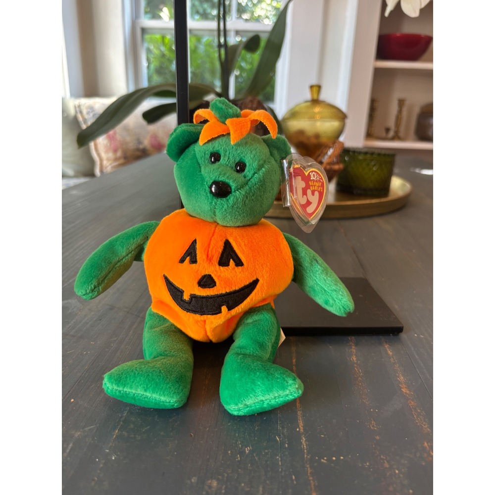 Ty Beanie Babies Tricky the Bear Halloween Pumpkin 10th Anniversary Plush Green